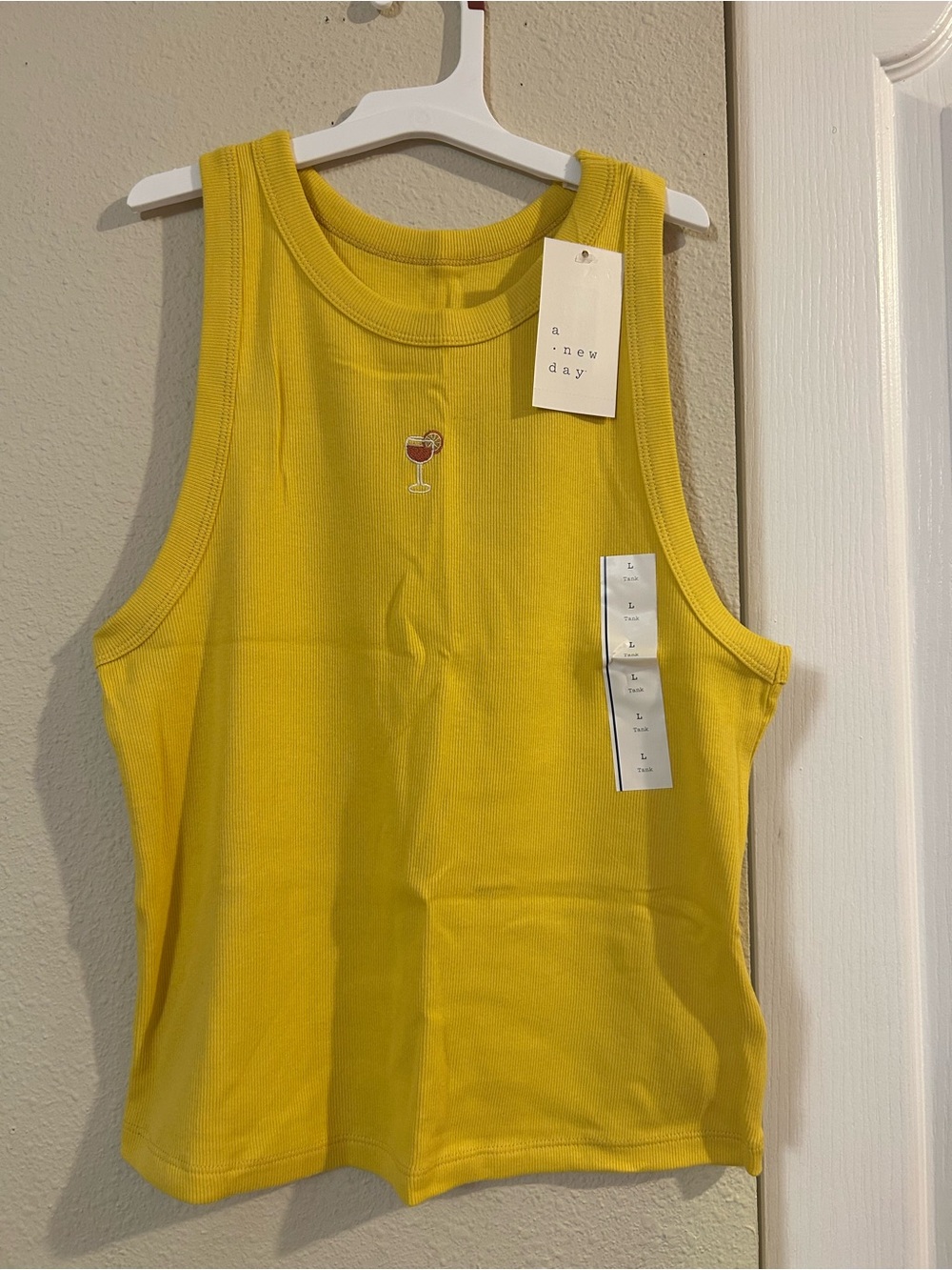 a new day Yellow Ribbed Tank Top with Cocktail Patch.